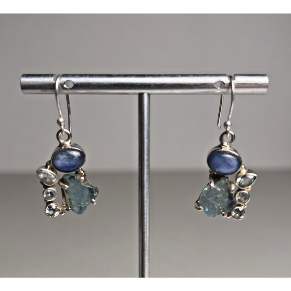 Sterling Silver 925 Earrings Rough Aquamarine Blue Topaz & Kyanite Hook Dangle - Picture 5 of 16